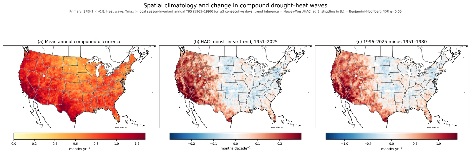 Maps of compound drought and heat-wave occurrence and long-term change across the contiguous United States