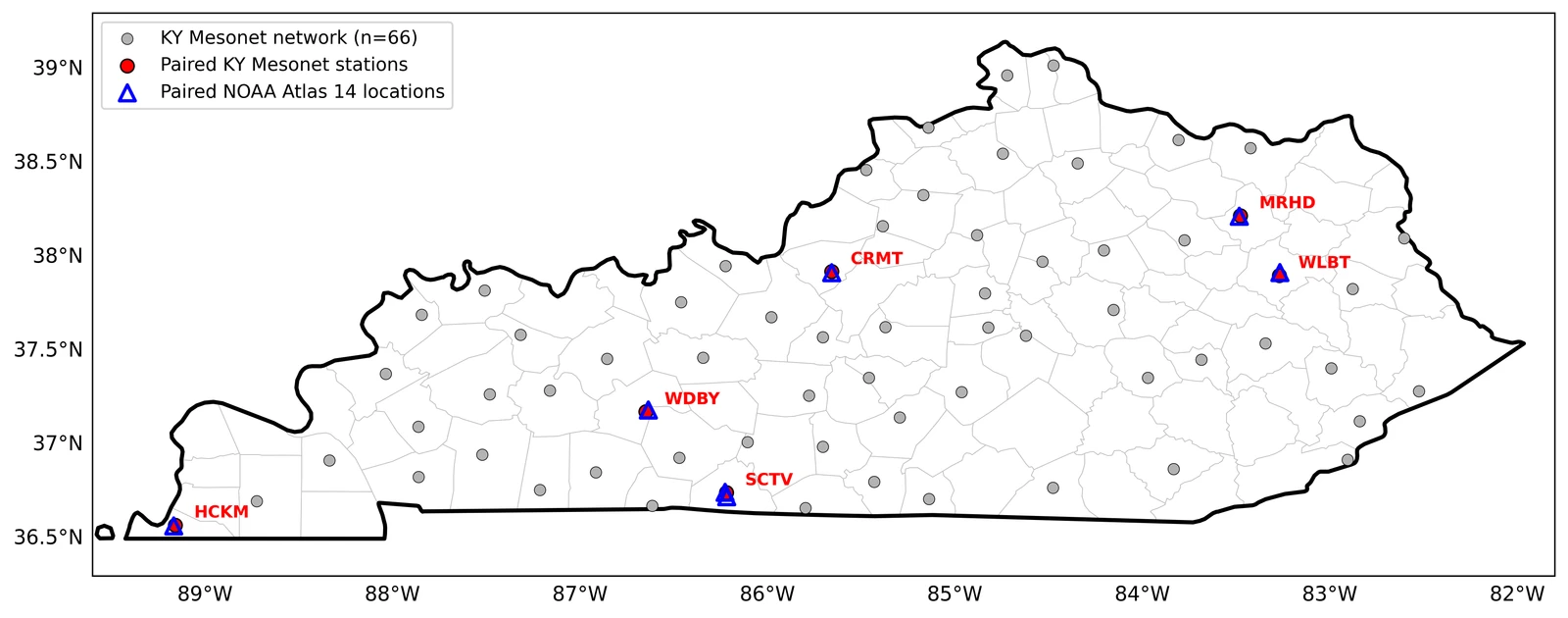 Kentucky Mesonet locations paired with NOAA Atlas 14 stations