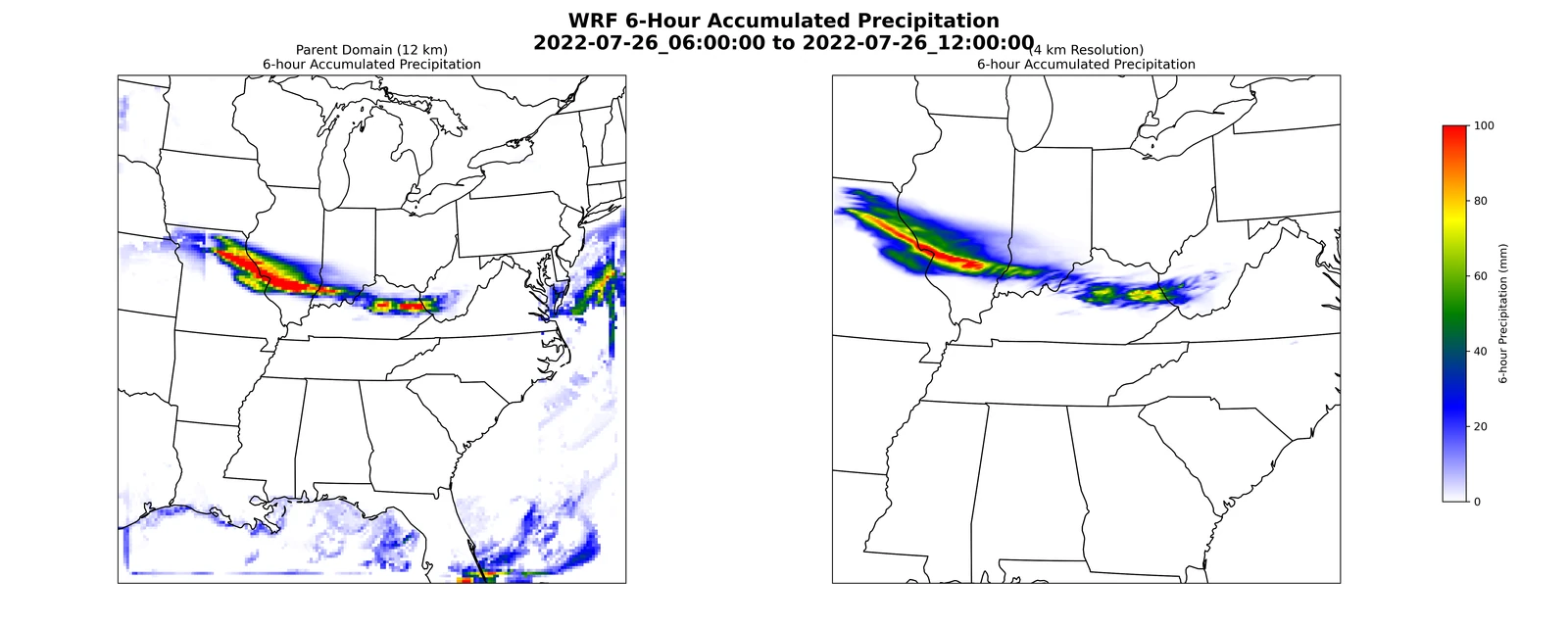 WRF six-hour precipitation accumulation for the July 2022 Appalachian flood event