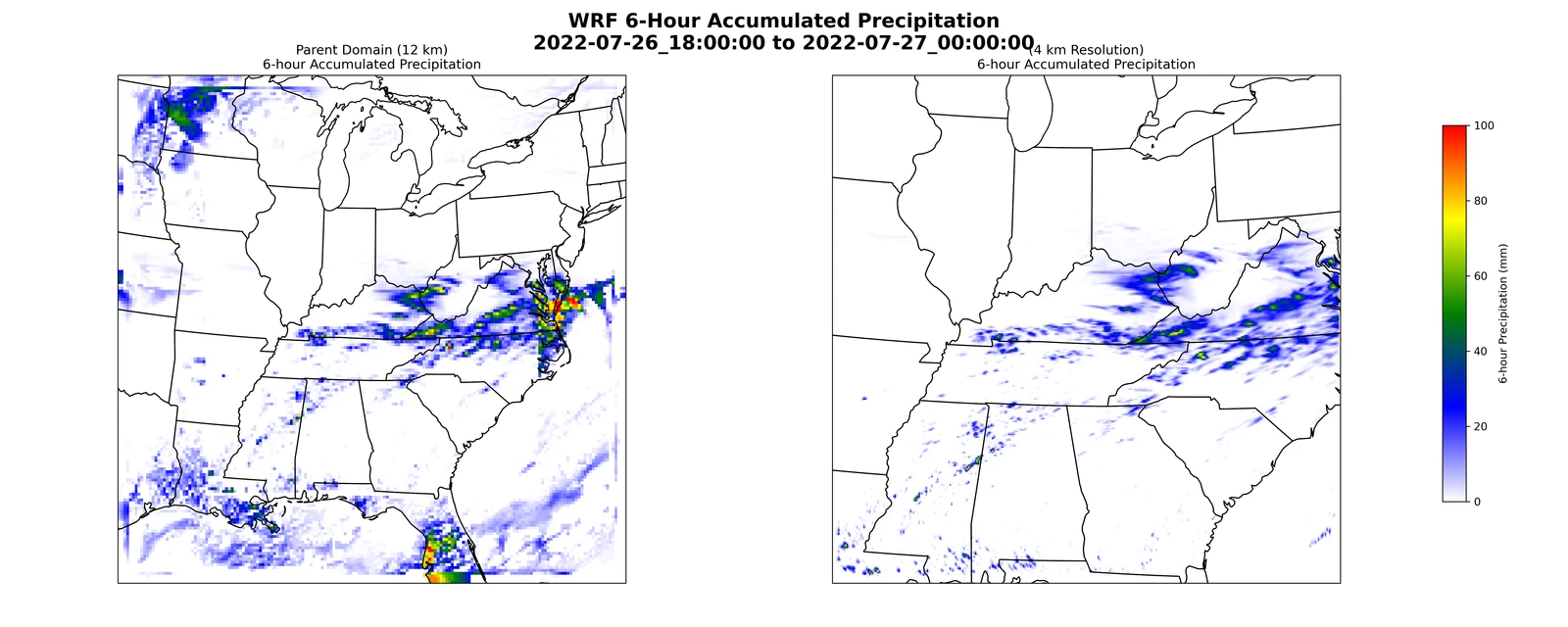 Simulated precipitation accumulation, 18 UTC 26 July–00 UTC 27 July 2022.